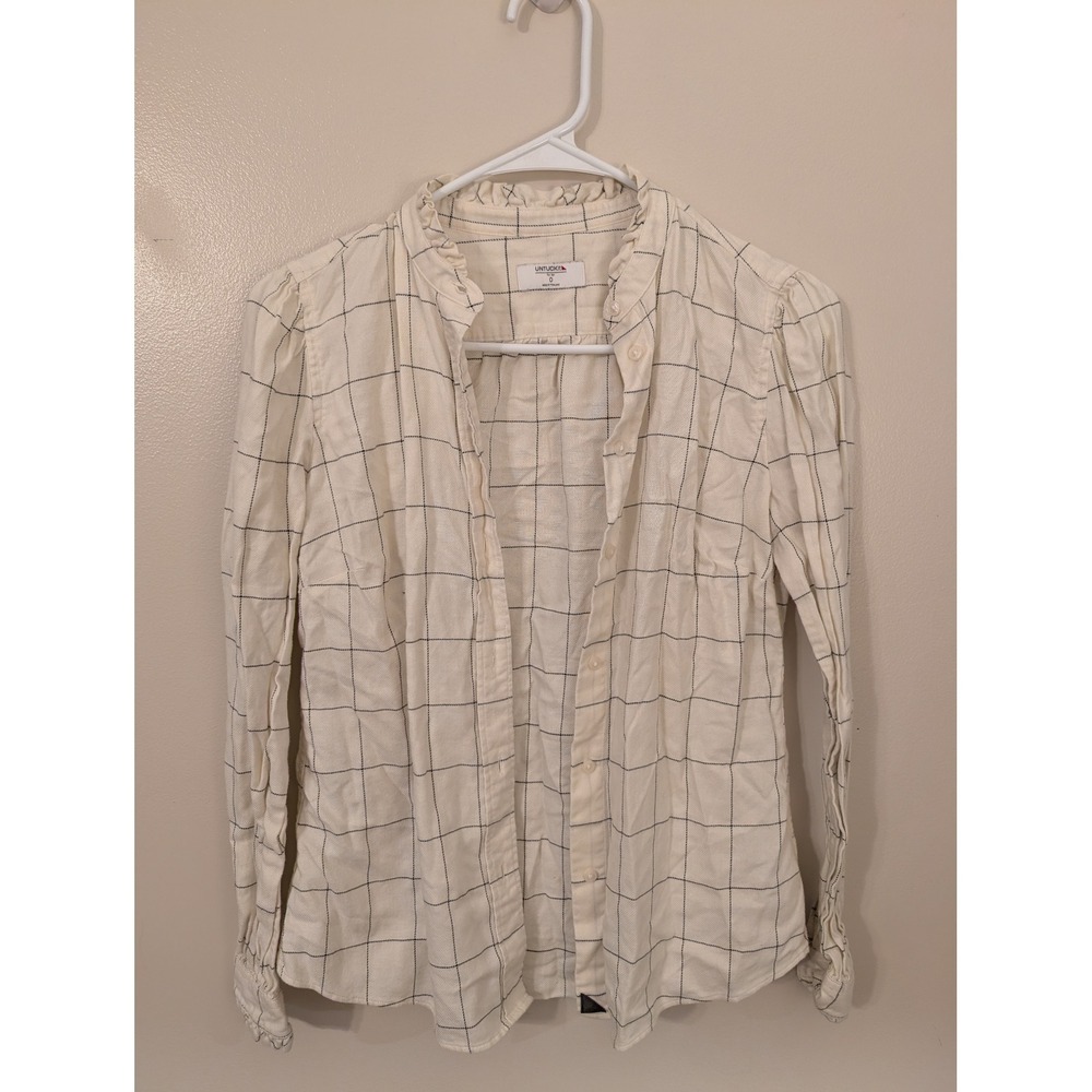 UNTUCKit Winona Windowpane Plaid Ruffle Collar Shirt Blouse Cream Black Size 0